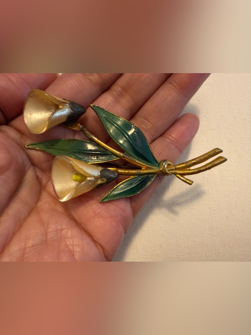 Vintage Sterling Coro Craft Gold -Tone Green Enamel Lily Brooch